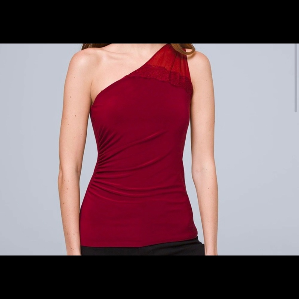 WHBM, one shoulder blouse with lace trim.